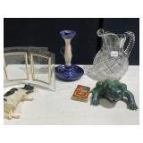 CUT GLASS WATER PITCHER W/ CHIP, CANDLE STAND W/