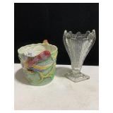 PLANTER & VASE, PLANTED CRACKED AS SHOWN, 7.5" H,