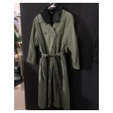 FULL LENGTH GREEN COAT WITH BLACK FAUX FUR LINING