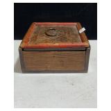 ANTIQUE WOODEN BOX WITH SLIDING LID, METAL HANDLE