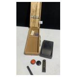 WOODEN ARTIST BOX WITH STAMPER, PAINT ETC.