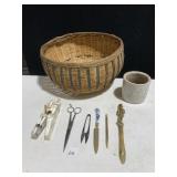 WOVEN BASKET, SCISSORS, CLAY POT, ETC.