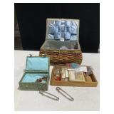 SEWING BASKET WITH THREAD, NEEDLES, ETC.