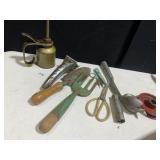 OIL CAN, OIL SPOUT, GARDEN TOOLS, ETC.