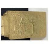BRASS HEAVY BOX W/ FIGURES ON TOP 3.5" W X 2" D X