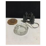 BUSHNELL BINOCULARS, ASHTRAY, CLOCK BATTERY