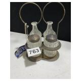 SILVERPLATE CRYSTAL SALT/PEPPER, CRUETS W/ HOLDER