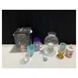 HURRICANE LAMP, GLASSES, ETC.