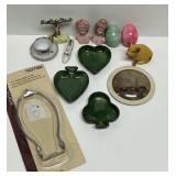 NEW LAMP HARP, ALABASTER EGGS, GREEN GLASS DISHS,