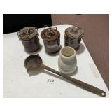LEAD SPOON, 3 CROCKS W/ LOCK LIDS, ETC.