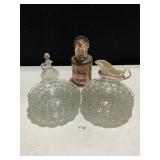 10 GLASS PLATES, TURKEY SHAKER, CRUET, TIN