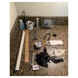 VARIOUS RULERS, CORDS, CLOCK, MUG, SCISSORS&