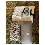 LOT OF PILLOWS, BLANKET, DECORATIVE BALLS & PLATE