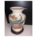 PEACOCK VASE W/ WOOD PEDESTAL