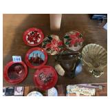 BRASS DISH, COASTERS, SMOKED GLASS ASHTRAY