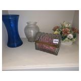 TRINKET BOX, FLOWER PORCELAIN PIECE, BLUE BASE