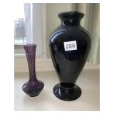 BLACK GLASS VASE AND PURPLE BUD VASE