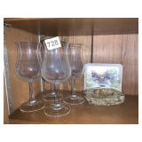 8" H GLASSES SET OF 4 AND MARBLE ASH TRAY