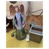 TIN ANGEL W/ DAMAGED HAND, GLASS BOWL W/ MARBLE,