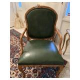 CENTURY CARVED ARMCHAIR W/ GREEN LEATHER SEAT