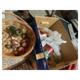 CHRISTMAS ORNAMENTS IN WICKER BIN