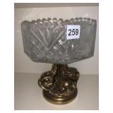 ETCHED GLASS PEDESTAL DISH W/ DOLPHIN BASE