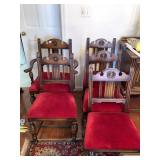 5 OAK DINING ROOM CHAIRS W/ RED VELVET SEATS