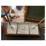 DESK SET W/ CLOCK CRYSTAL HAS CHIP ON PEN HOLDERS