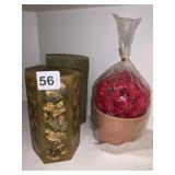 PILLAR CANDLES, CLAY POT WITH SILK FLOWERS