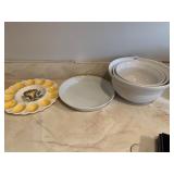 3 BOWLS LARGE TO MED SIZE AND EGG SERVING TRAY