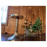 BRASS CANDLE HOLDERS AND PEDESTAL CANDLE HOLDER