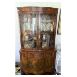 BOW FRONT GLASS DISPLAY CABINET BURLED WOOD W/