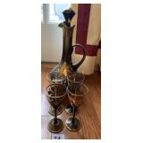GOLD PAINTED DECANTER SET W/ 4 GLASSES