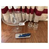 PEDESTAL CAKE PLATE, WINE BOTTLE OPENER, CANDLE