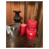 METAL VASE INDIA AND CANDLES, PEDESTAL