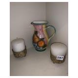 GREECE HAND PAINTED VASE & 2 CANDLES