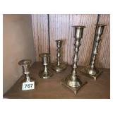 5 BRASS CANDLESTICKS 3.75" H AND 7.5" H PAIR