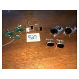 CUFFLINKS 4 PAIRS W/ TIE TACK ON GREEN STONE PAIR