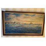 WATERSIDE SCENE PAINTED ON CANVAS SIGNED LR SR 65