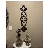 IRON SWAG, GLASS BOTTLE WITH FLEUR DE LIS TOPPER