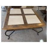IRON AND WOOD COFFEE TABLE WITH STONE INSET, ONE