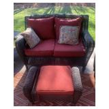 FAUX WICKER LOVESEAT WITH OTTOMAN AND THROW
