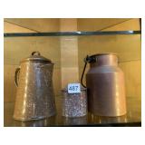 SPECKLE WARE COFFEE POT AND MUG, COPPER MINI MILK