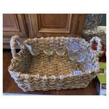 DOUBLE HANDLED WICKER BASKET WITH WINE GLASSES