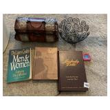 ORNAMENTAL BOX, WIRE BASKET, BIBLES, TAPE MEASURE