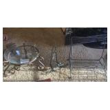 IRON AND GLASS CENTERPIECE BOWL, IRON EASEL,