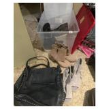 4 PAIRS OF LADIES SHOES, BLACK PURSE, STORAGE BIN