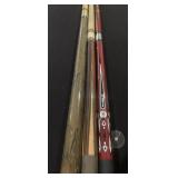 3 POOL CUES WITH DECORATIVE HANDLES