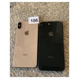 2 APPLE IPHONES, ONE WITH CRACKED BACK, SCREEN IS