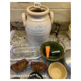 CROCK, SALT AND PEPPER SHAKERS, GLASS BUTTER